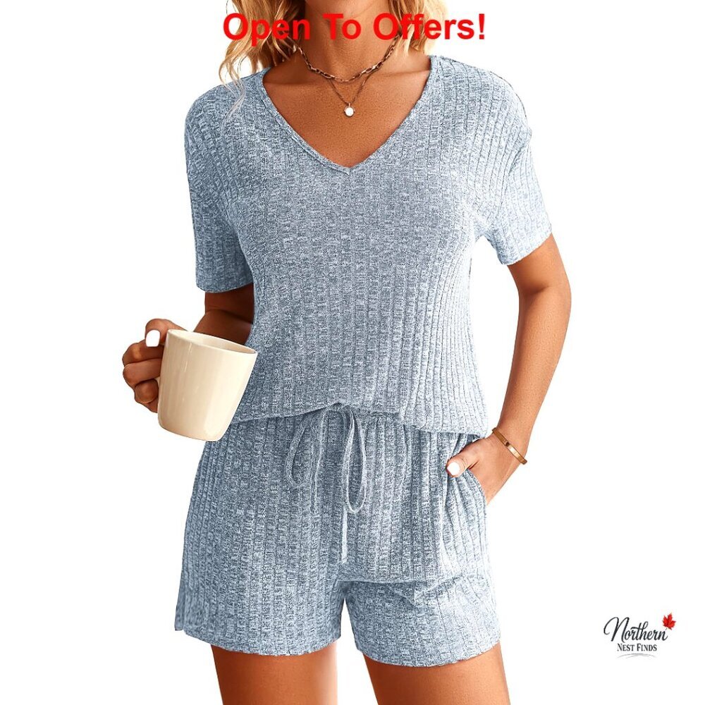 Ribbed Knit Lounge Set Short Sleeve Top and Shorts Pajama Set